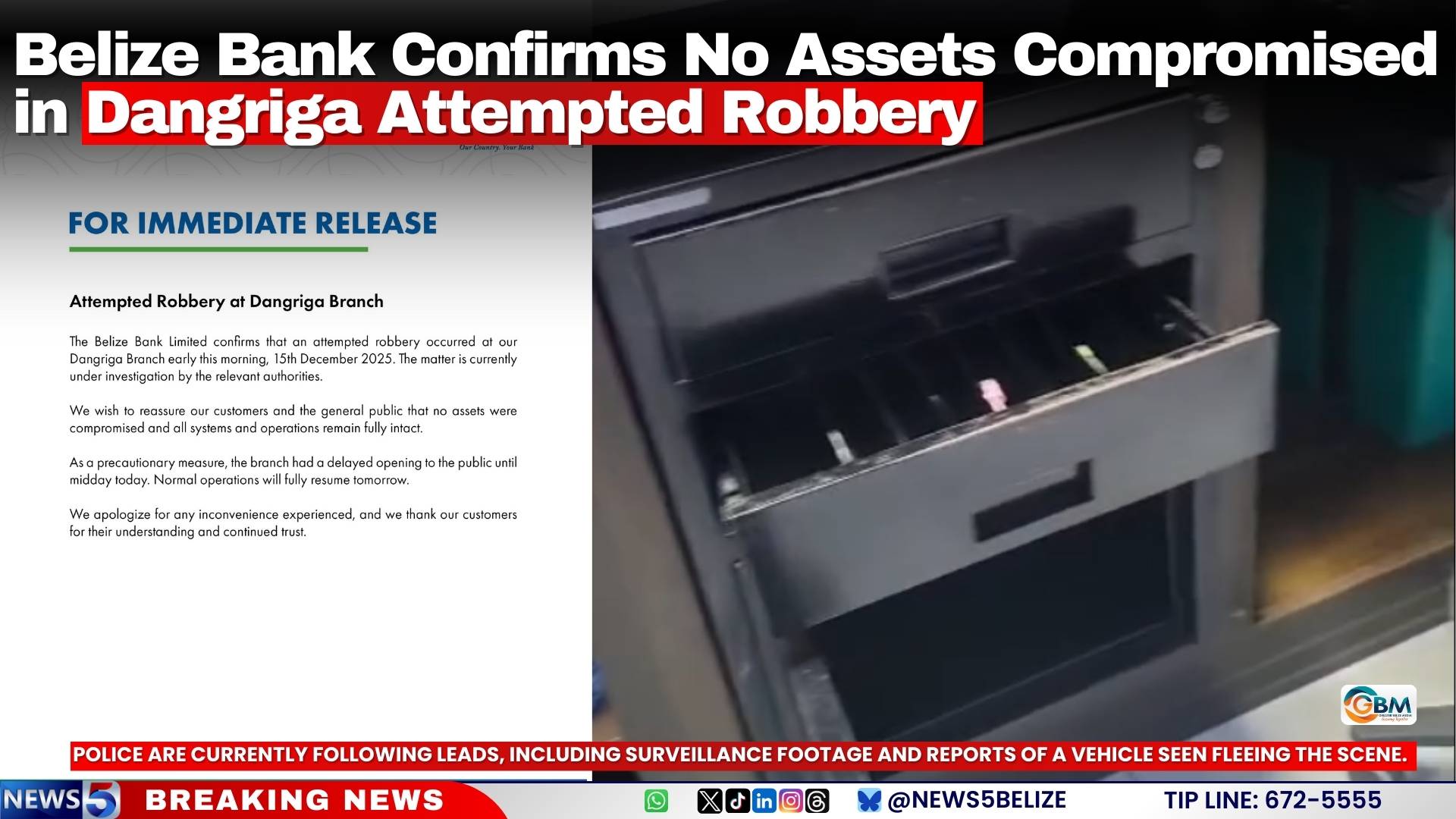 Belize Bank Confirms No Assets Compromised in Dangriga Attempted Robbery