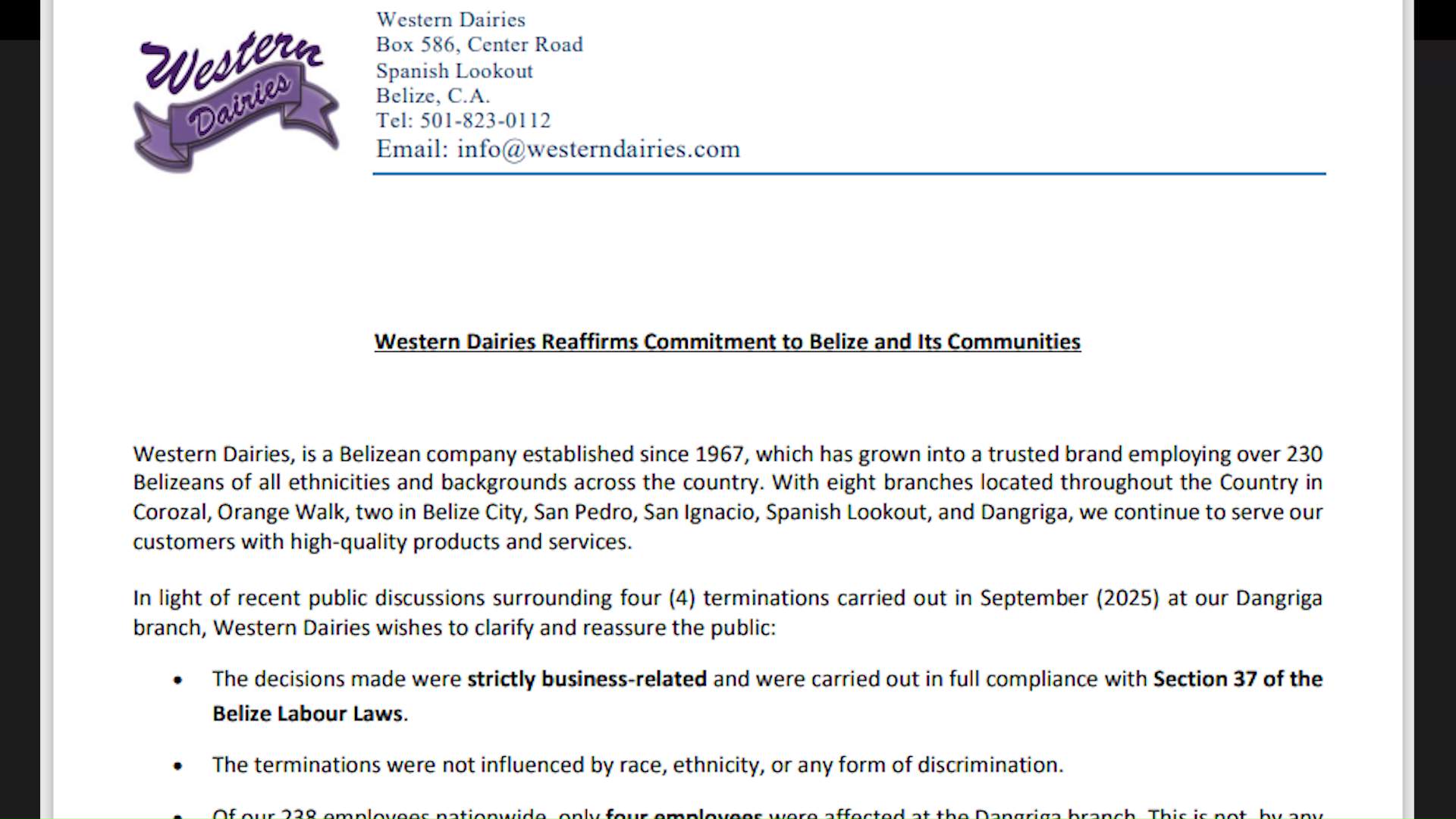 Outrage in Dangriga Over Sudden Western Dairies Dismissals