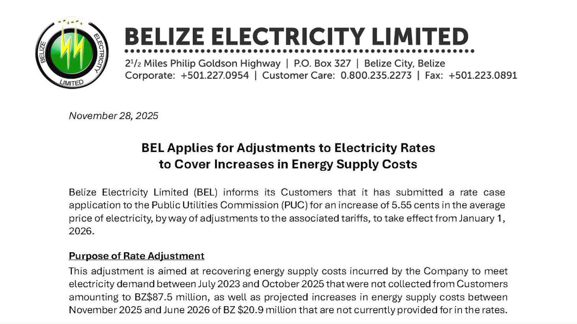 BEL Requests Tariff Adjustment to Cover $108M Shortfall