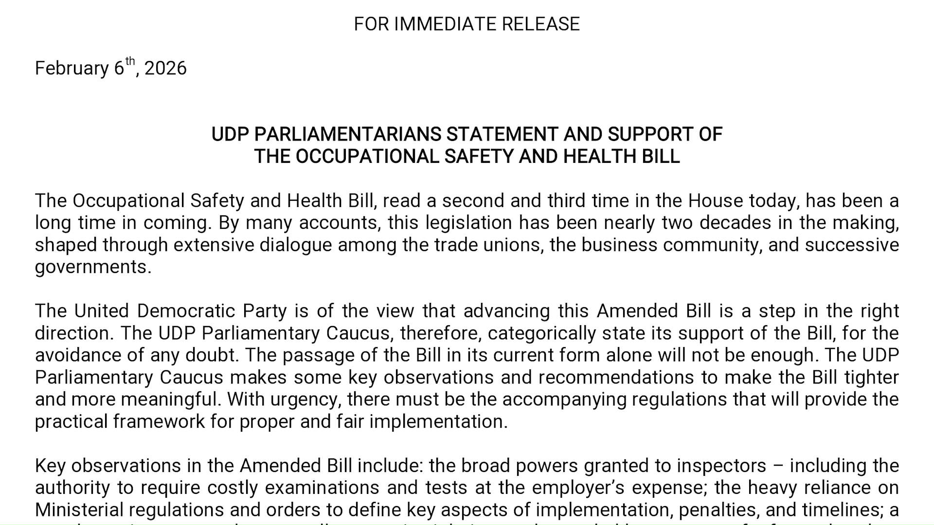 OSH Bill Passes Without UDP, But Party Supports It